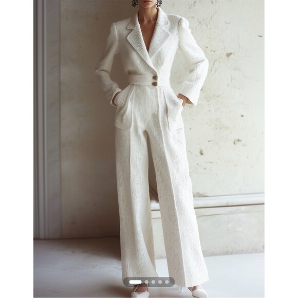 Fehaute Pants - FEHAUTE Jumpsuit Womens Size 4 White‎ Tweed Wide-Leg Pockets Quiet Luxury